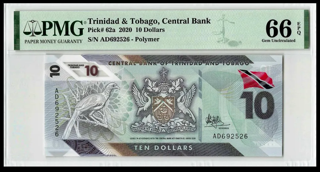 PMG Graded EPQ 66 World Bank Note Trinidad and Tobago 10 Dollars Year 2020 Issue Very Unique and Rare Bird Series