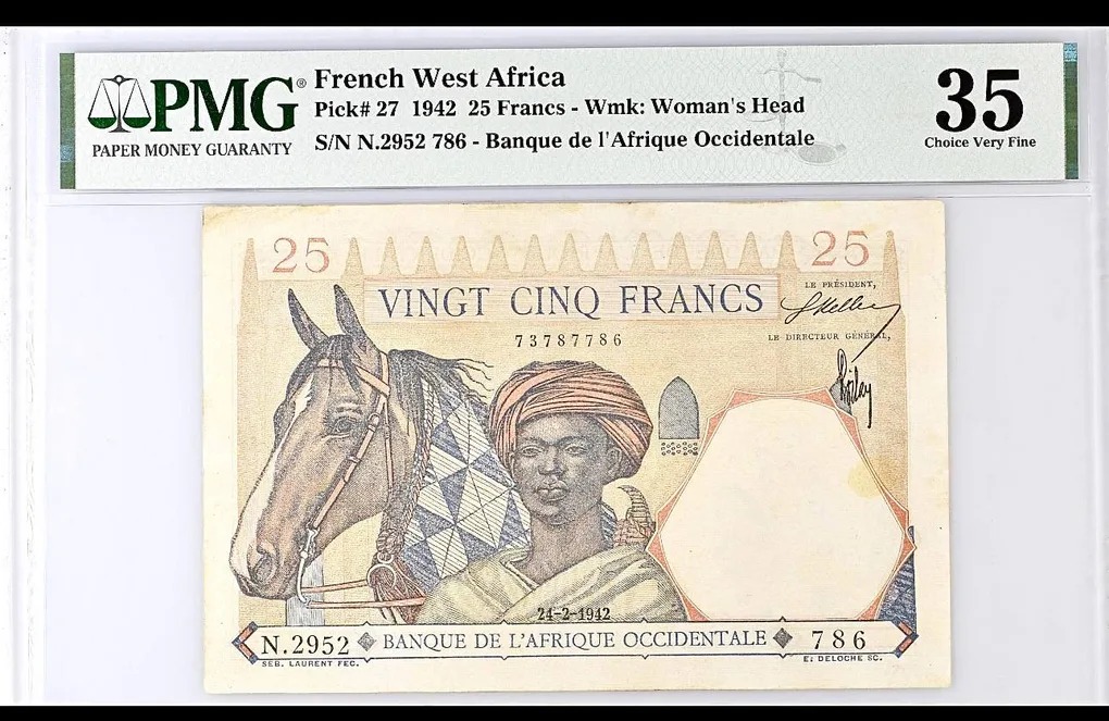 French West Africa 25 Francs 1942 Wmk Womans Head PMG Graded 35 Ending 786 Very Unique and Rare Lion