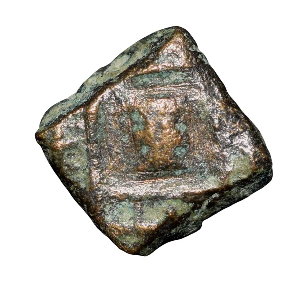 Copper Coin of Maharathis of Andhra(2nd Cen. BC) with Triangular Headed Symbol within square/Nandywarta Rare