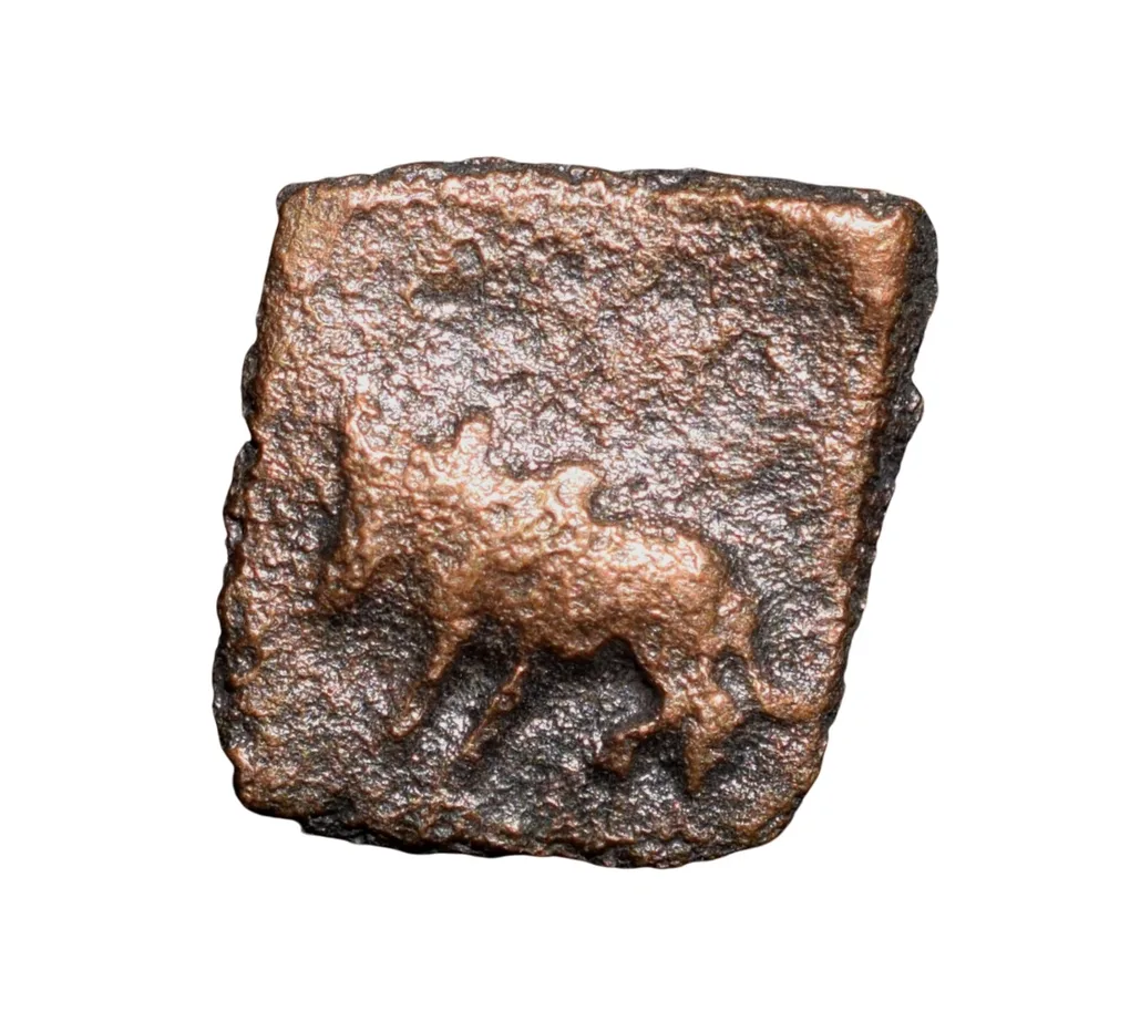 Copper Coin of Maharathis of Andhra(2nd Cen. BC) with Bull walking left/Yupa in Railing