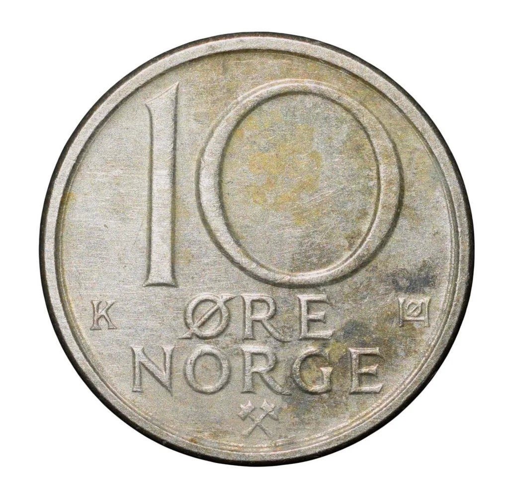 Copper-Nickel 10 Ore of Olav V (AD 1987) of Norway with Crowned monogram of Olav V