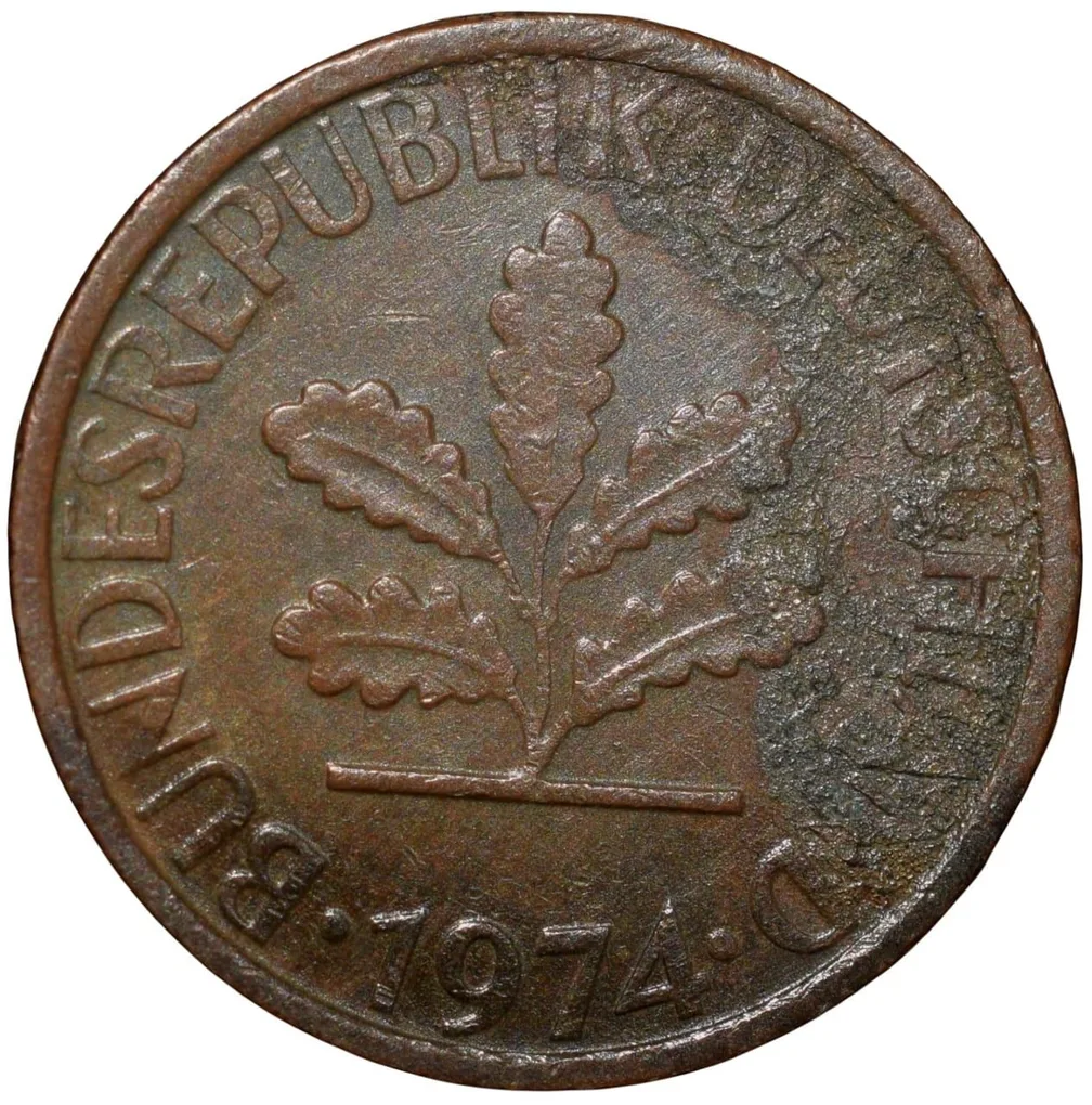 Bronze 1 Pfennig of Germany (AD 1974) with Oak Sapling