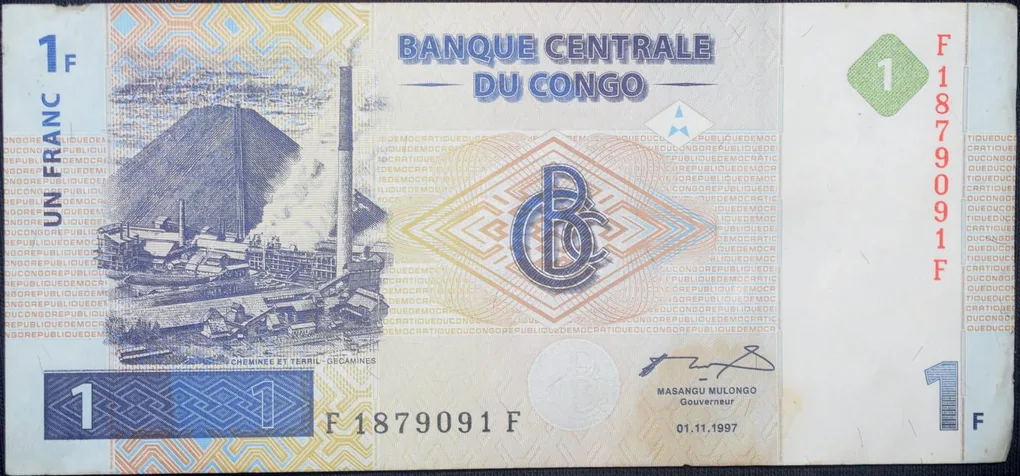1 Francs of Congo Country (AD 1997) with Gecamines Copper melting complex