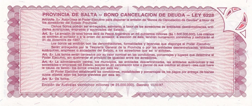 Argentina 1 Austral Salta World Banknote Bond UNC Unique and Rare