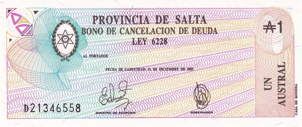 Argentina 1 Austral Salta World Banknote Bond UNC Unique and Rare