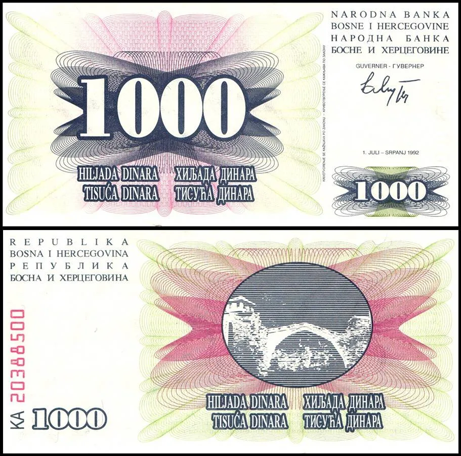 Bosnia & Herzegovina 1000 Dinara Banknote 1992 P15 UNC Unique and Rare