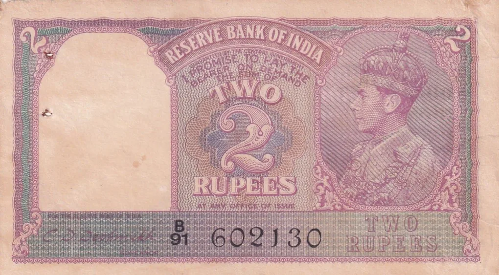 2 Rupees George VI Governor C.d.deshmukh British Rare India Note
