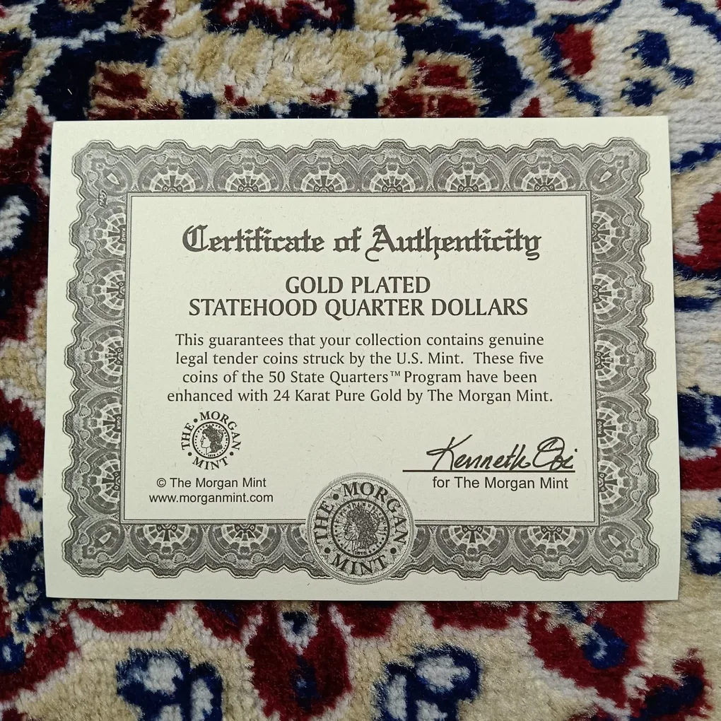 Extremely Rare Statehood Quarter Dollars United States of America Uncirculated Proof Coins Authenticity Certificate Morgan Mint By USA 24 Kt Gold Plated Issue Coin