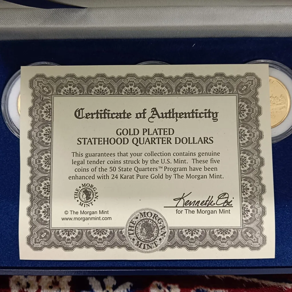 Extremely Rare State Quarter Dollars United States of America Uncirculated Proof Coins Authenticity Certificate Morgan Mint By USA 24 Kt Gold Plated Issue Coin 1999 Year