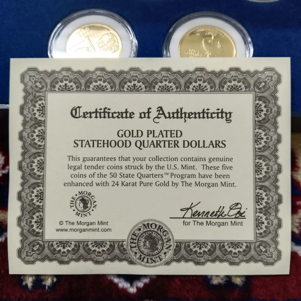 Extremely Rare State Quarter Dollars United States of America Uncirculated Proof Coins Authenticity Certificate Morgan Mint By USA 24 Kt Gold Plated Issue Coin 2005 Year