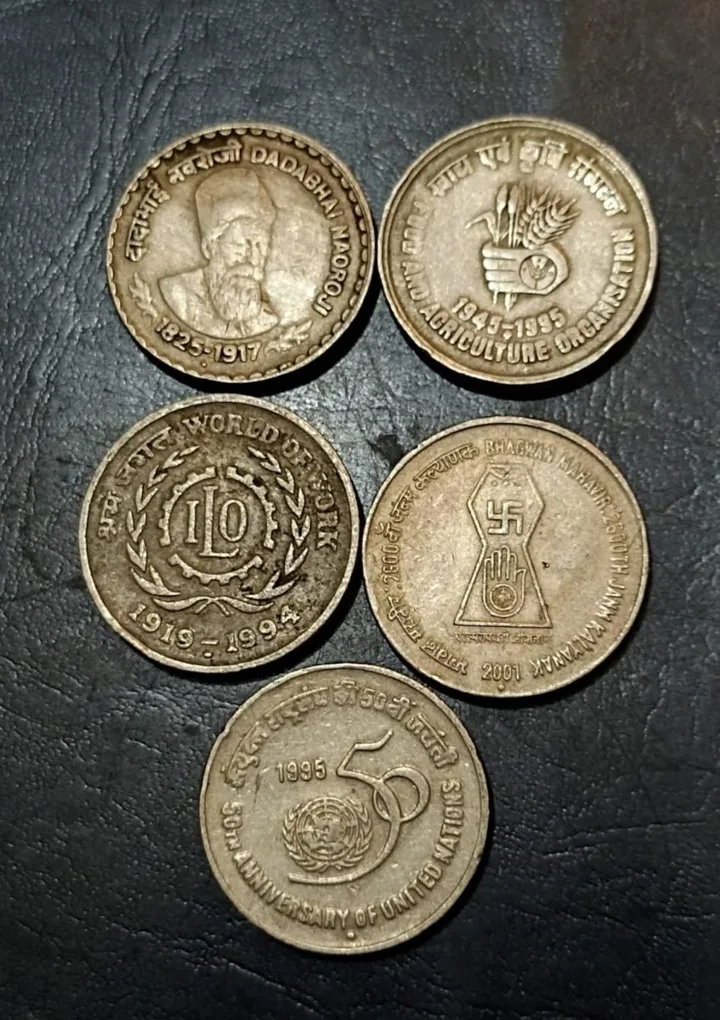 Republic India Denominaton 5₹ Metal copper nickel 5 different variety Dadabhai nauroji Agriculture organisation World of work Mahaveer 2600th Janan Kalyanam Anniversary of United Nation