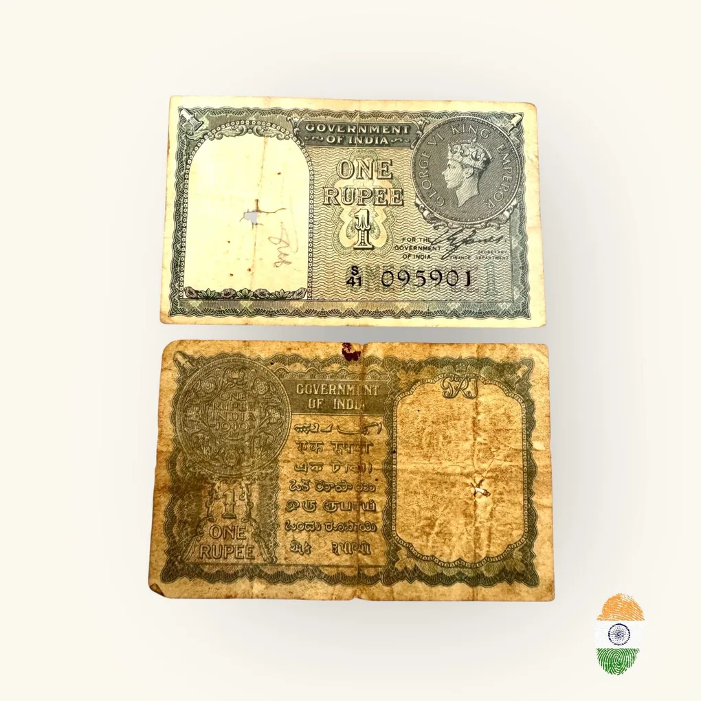 Re 1 British India Banknote 1940 Black Series King George VI Collectible Quality 095901 Unique and Rare Issue
