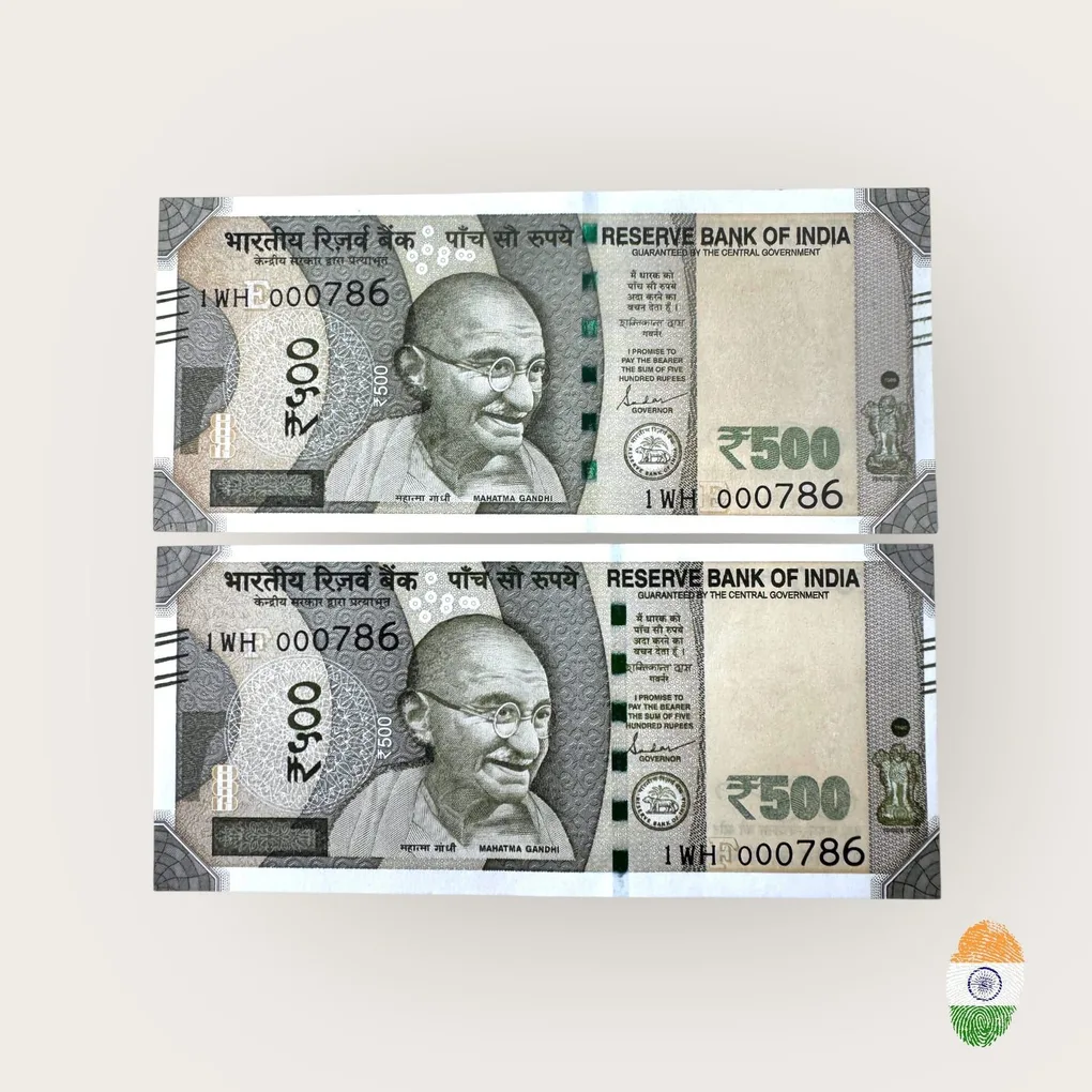 Rs 500 Twin Set Gem Unc Very Unique Bank Note Set Solid Holy Number 1WB 000786