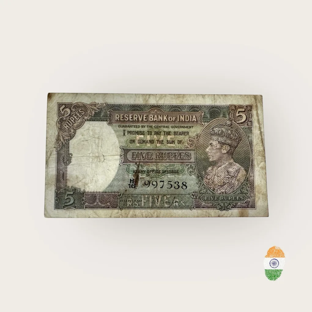 Rs 5 British India Banknote King George VI Collectible Quality Unique and Rare Issue Signed By J B Taylor