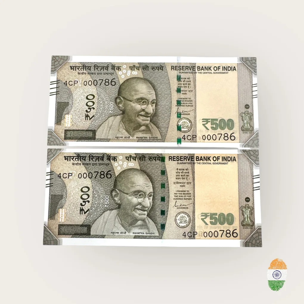 Rs 500 India Banknote Twin Set Gem Unc Very Unique Bank Note Set Solid Holy Number 4CP 000786