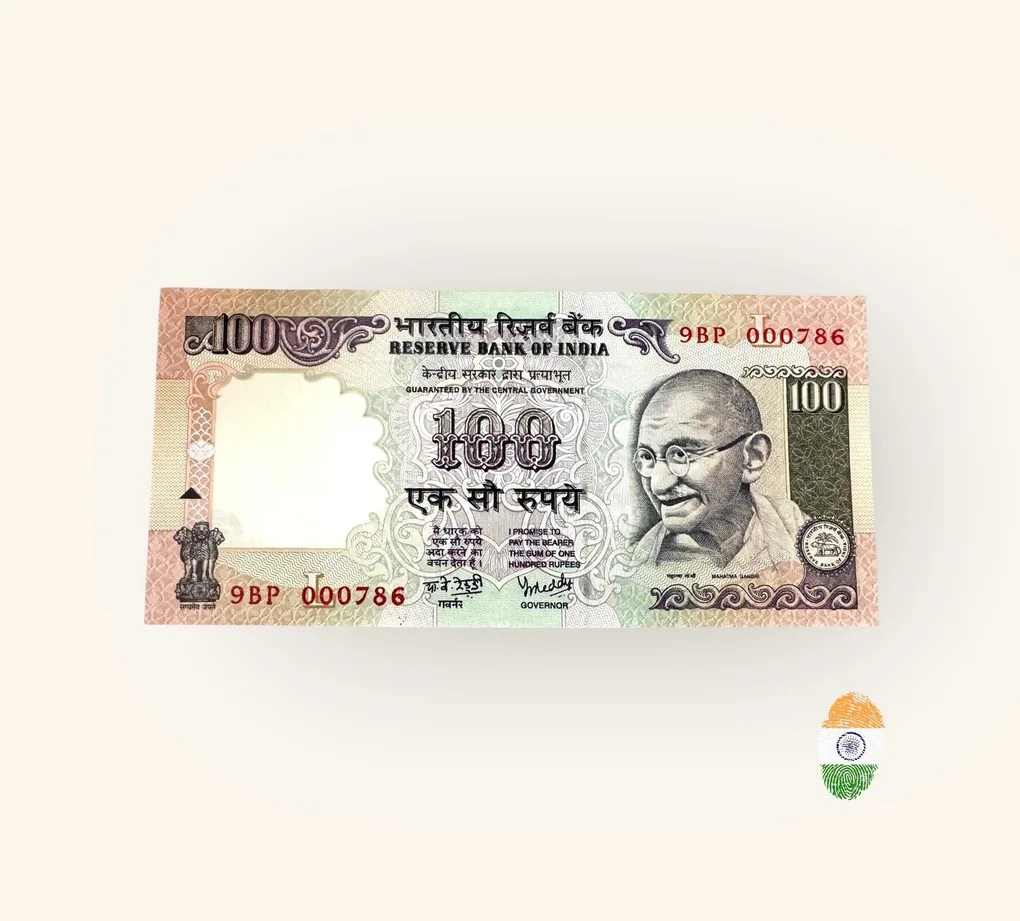 Rs 100 India Banknote Holy Fancy Number Set 9BP 000786 Small Font Y V Reddy Inset L Without Year Issue Unique and Rare
