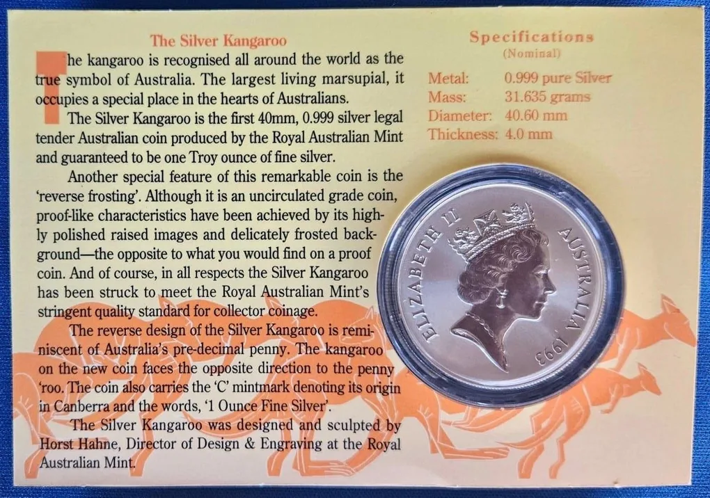 1993c RAM Australian Silver Kangaroo $1 1oz ounce Fine Silver Coin Sydney Show