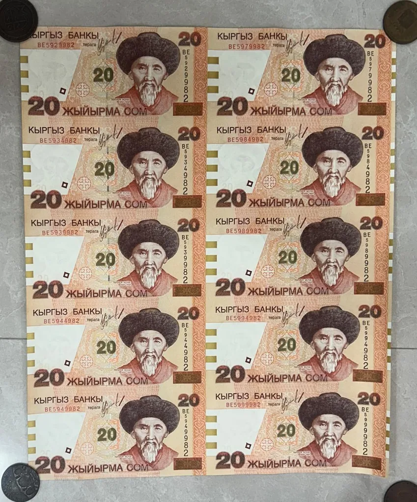 Kyrgyzstan 20 Som 10 note uncut sheet extremely rare sheet