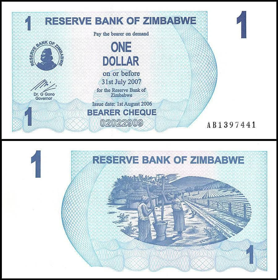 Zimbabwe 1 Dollar Bearer Cheque 2006 P37 UNC Unique and Rare