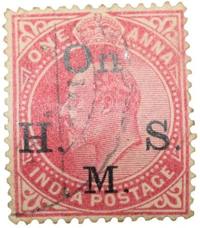 Postal Stamp of Edward VII 1 Anna Pink Clour - Over-Printed in Black 'ON H.M.S.' - Used Condition as per image.