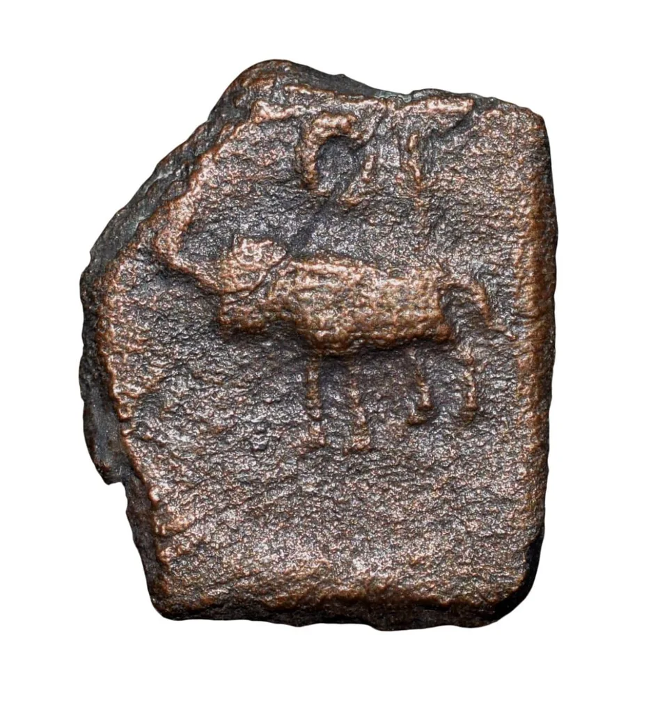 Copper Coin of Maharathis of Andhra(2nd Cen. BC) with Circular Symbol, Yupa above Elephant left/Tree in Railing Rare