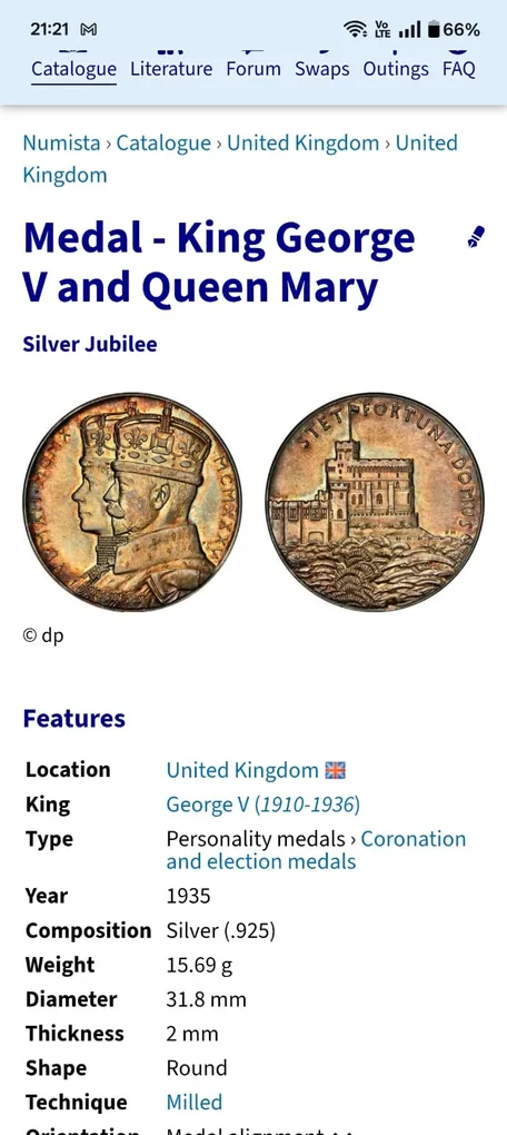 United Kingdom Medal 1935 - King George V and Queen Mary Silver Jubilee Silver (.925) Weight 15.69 g Extermaly rare medal