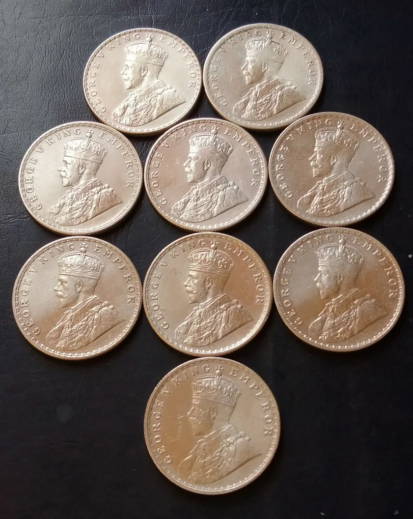 Silver British India 🇮🇳 Different Years Collection King👑👑👑👑 George V Full Silver 9 Different Years 1₹SET Weight 11.6GM Each 1912/13/14/15/16/17/18/19/20 Original Gauarantee Excellent Condition. Same and similar piece available