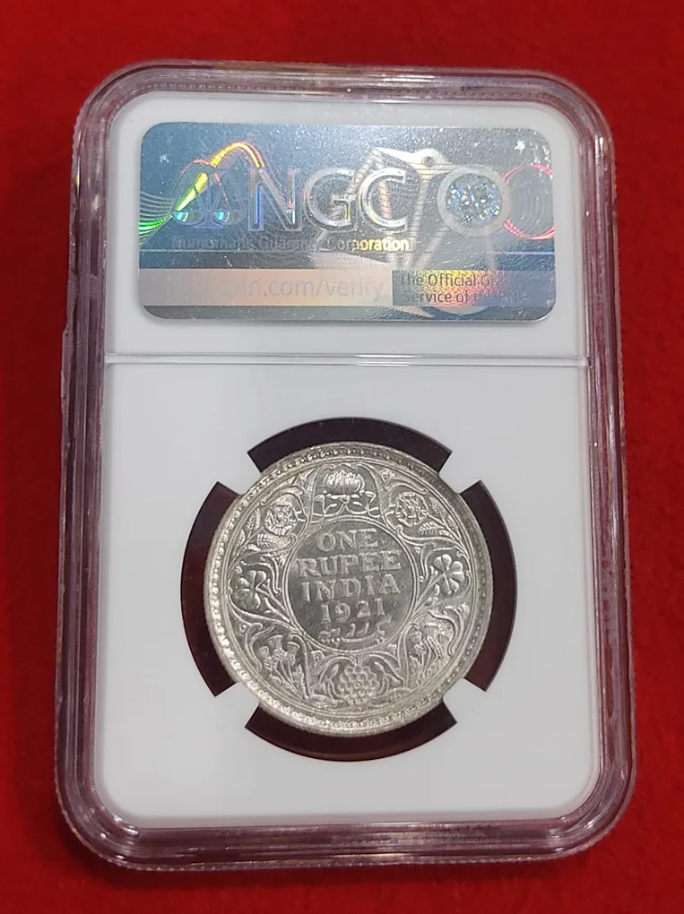 Graded One Rupee Coin George V 1921 Bombay Mint NGC Graded High GRAD MS 63