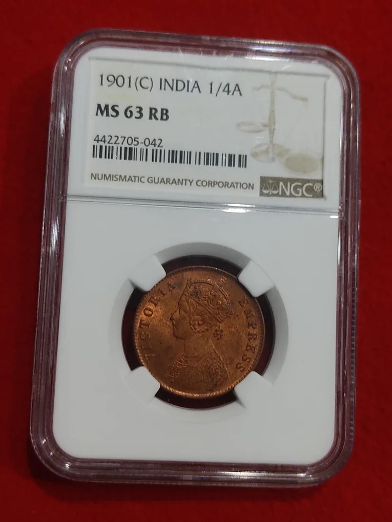 One Quarter Anna Victoria Empress 1901 Calcutta Mint NGC Graded MS 63