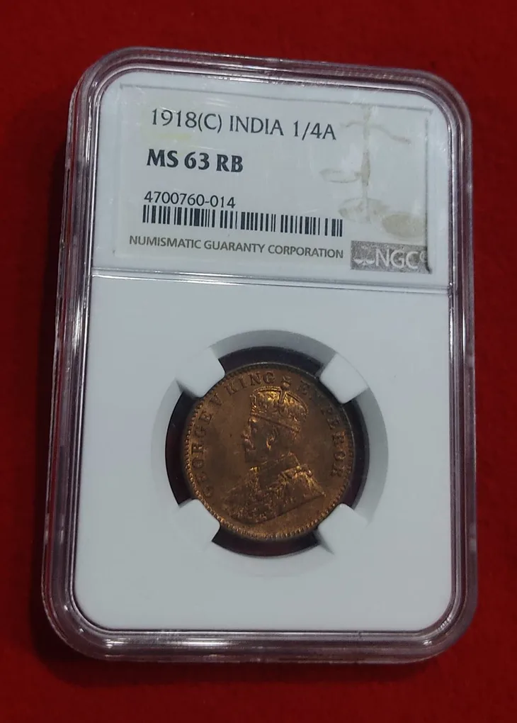One Quarter Anna George V 1918 Calcutta Mint NGC Graded MS 63