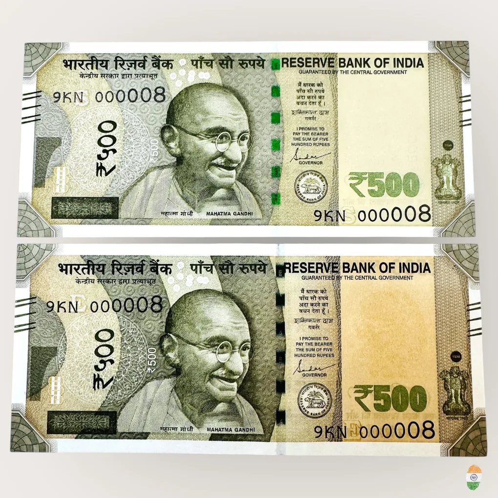 Rs 500 India Banknote Twin Pair 2 Banknotes Same Number 9KN 000008 Low Serial Number Collection Unique and Rare