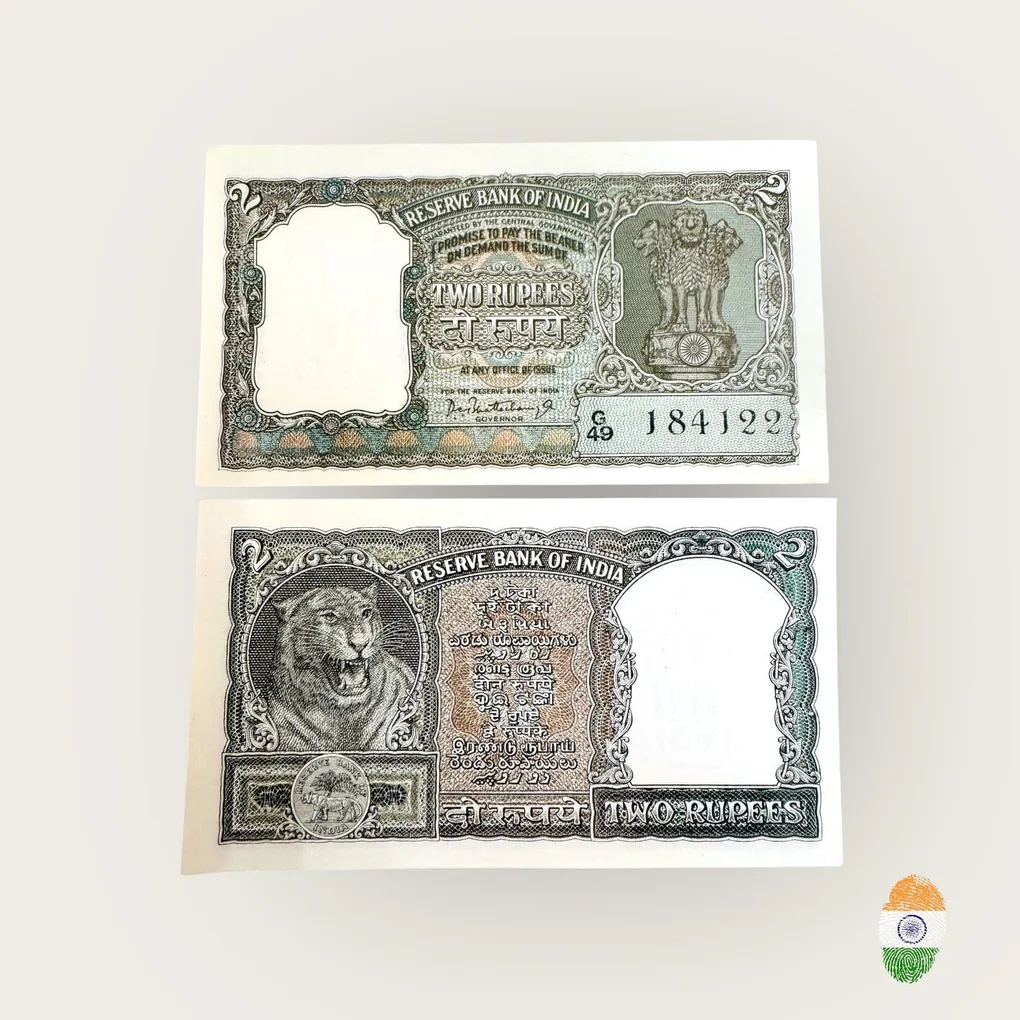 B6 Rs 2 India Banknote Half Tiger 1960s Issue Signed By PC Bhattachariya Olive Green Unc Unique and Rare