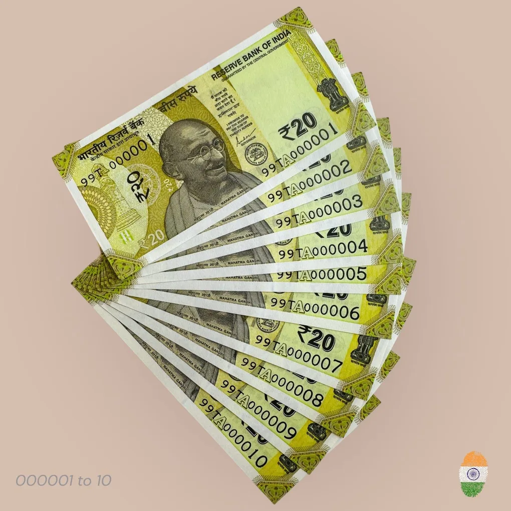 Rs 20 India Banknote Fancy Number Set 000001 to 000010 Prefix 99 Unique and Rare
