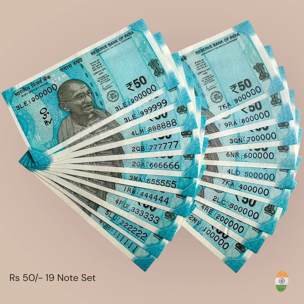 Rs 50 India Banknote 19 Note Solid Fancy Number Set 111111 to 1000000 Gem Unc Unique and Rare