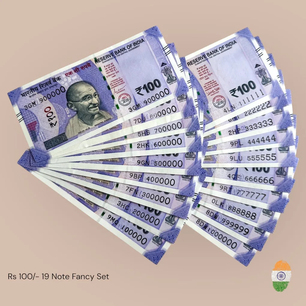 Rs 100 India Banknote 19 Note Solid Fancy Number Set 111111 to 1000000 Gem Unc Unique and Rare