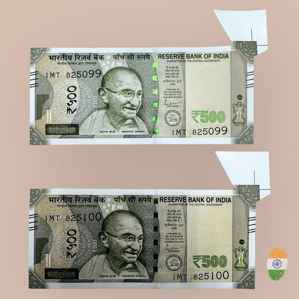 Rs 500 India Banknote Butterfly Extra Paper Error Unique and Rare 2 Banknotes In Sequence