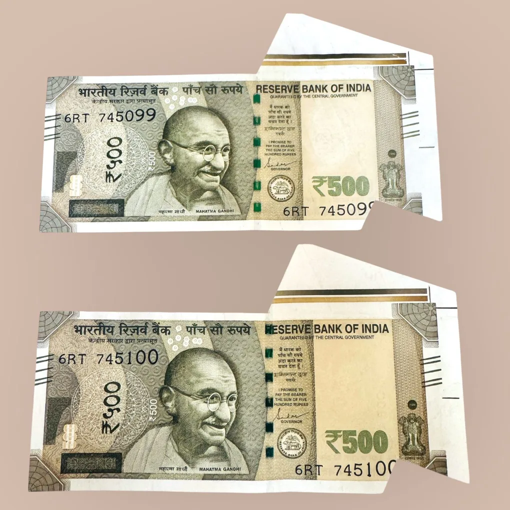 Rs 500 India Banknote Butterfly Extra Paper Error Unique and Rare 2 Banknotes In Sequence