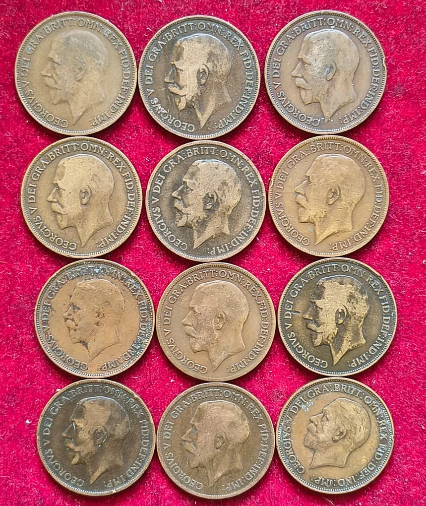 12 Different Dates England George V One Penny Rare Coins Set #A-426