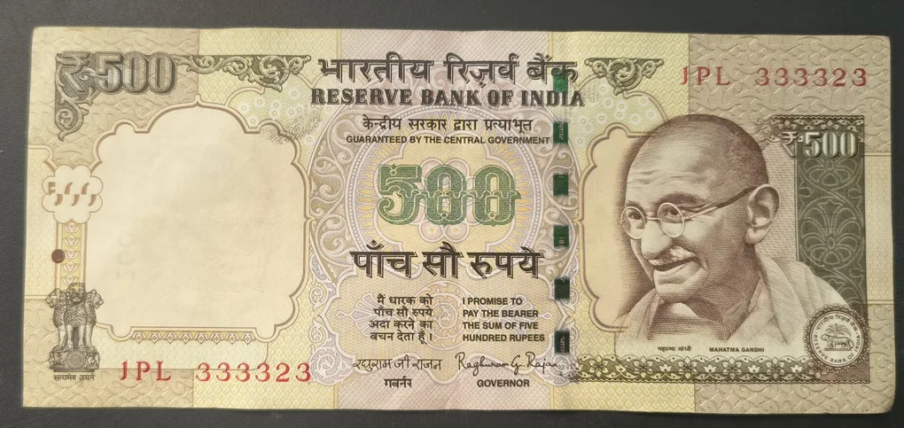 333323 Fancy Number 500 Rupees ( Plain Insert 2015 ) Governor Raghuram G.Rajan Top Condition RAE Note