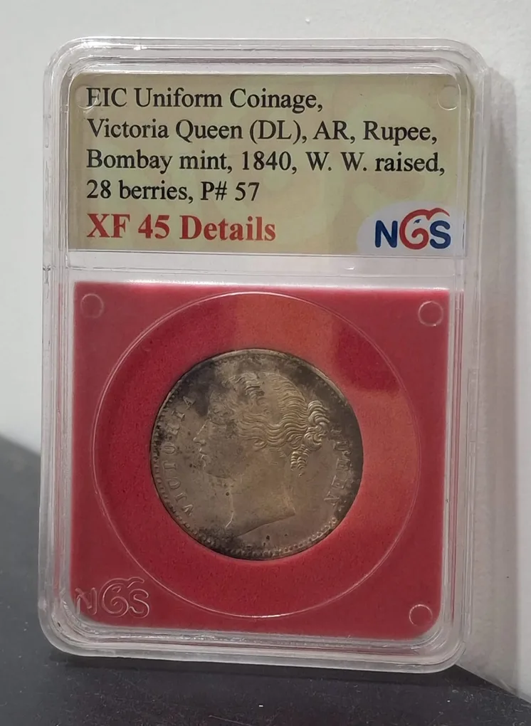 1 Rupees 1840 Victoria Queen Rare East India Company Silver Coin NGS Grading XF45 # A-1203