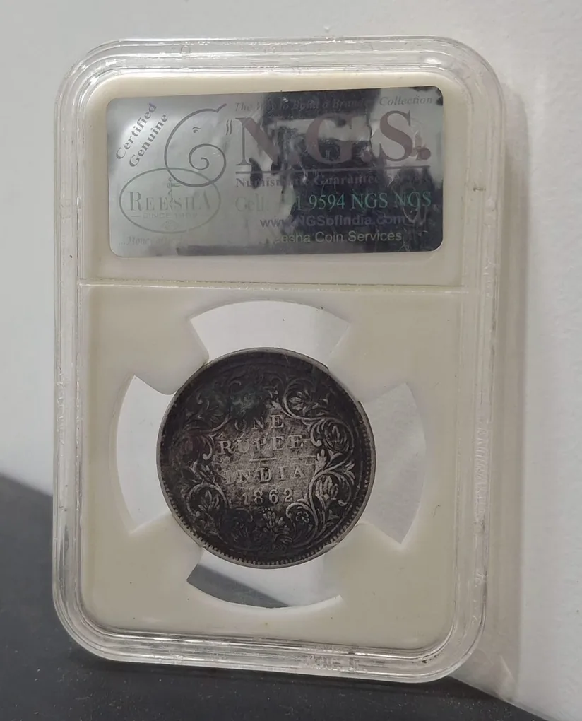 1 Rupees 1862 Victoria Queen Rare East India Company Silver Coin NGS Grading # A-1204