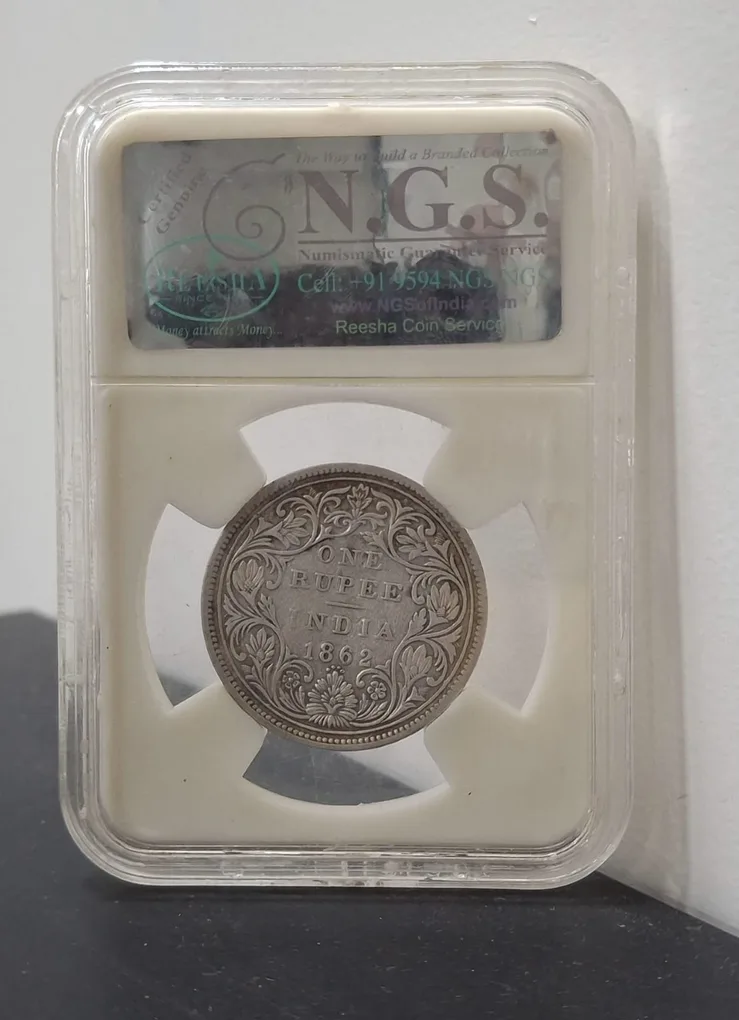 1 Rupees 1862 Victoria Queen Rare East India Company Silver Coin NGS Grading # A-1205