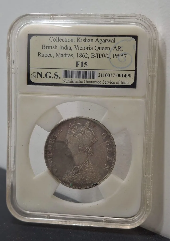 1 Rupees 1862 Victoria Queen Rare East India Company Silver Coin NGS Grading # A-1206