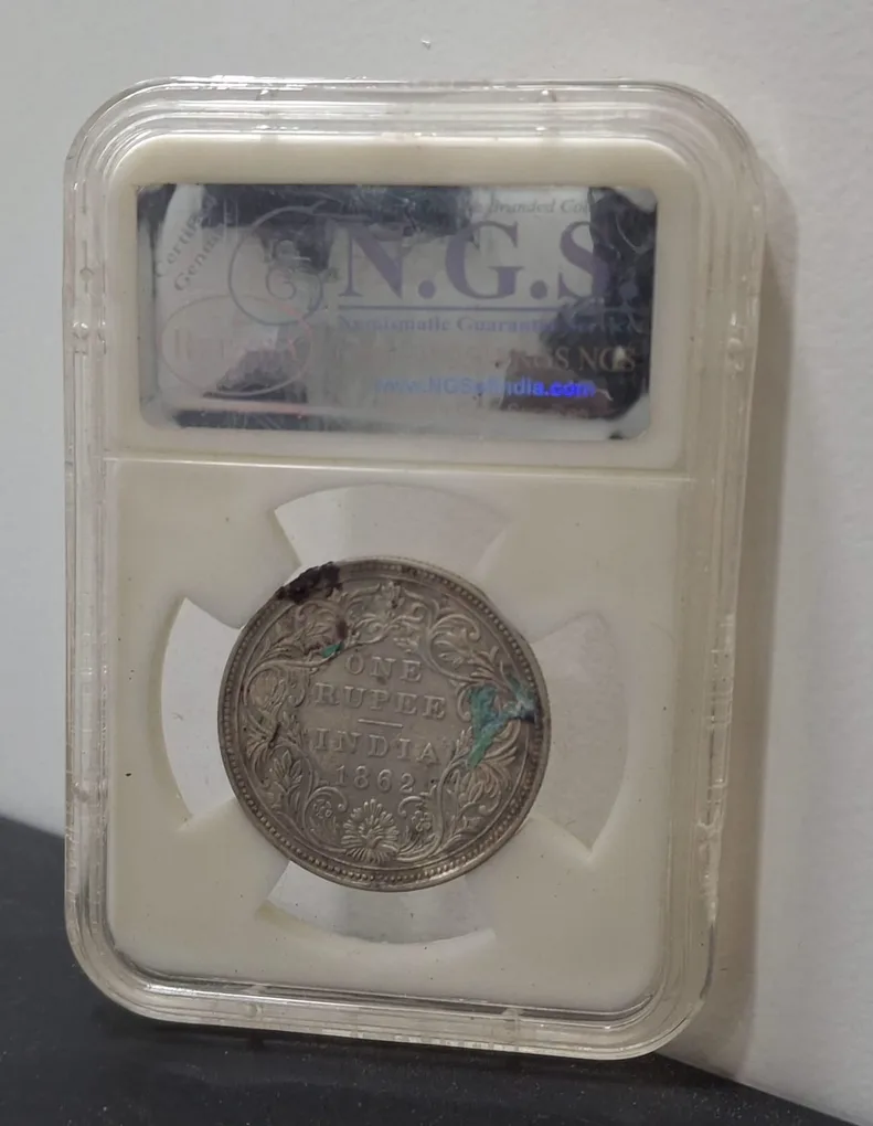 1 Rupees 1862 Victoria Queen Rare East India Company Silver Coin NGS Grading # A-1206