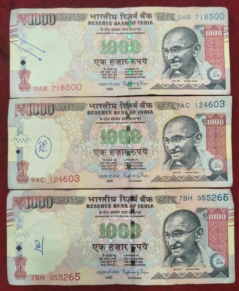1000 Rupees Telescopy Number ( 3 Different Insert) Governer Raghu RAM Rare Note