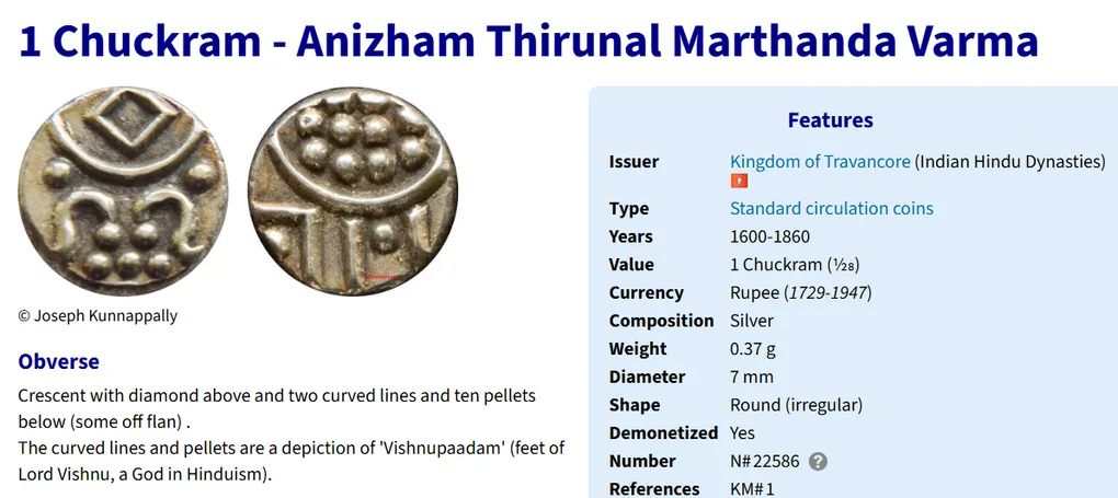 Kingdom of Travancore 1 Chuckram Anizham Thirunal Marthanda Varma Silver Very Small 1Pcs Coin Only