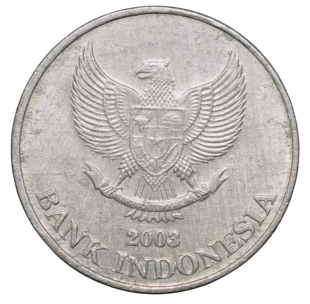 Aluminium 200 Rupiah of Indonesia (AD 2003) with Bali mynah bird on a branch