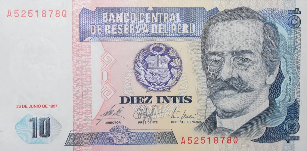 10 Intis of Peru Country (AD 1985-1987) with a woman working in a cotton plantation