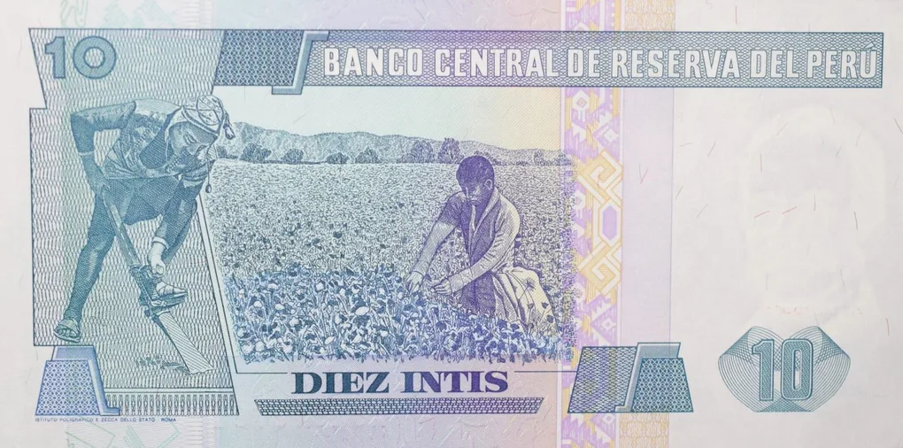 10 Intis of Peru Country (AD 1985-1987) with a woman working in a cotton plantation