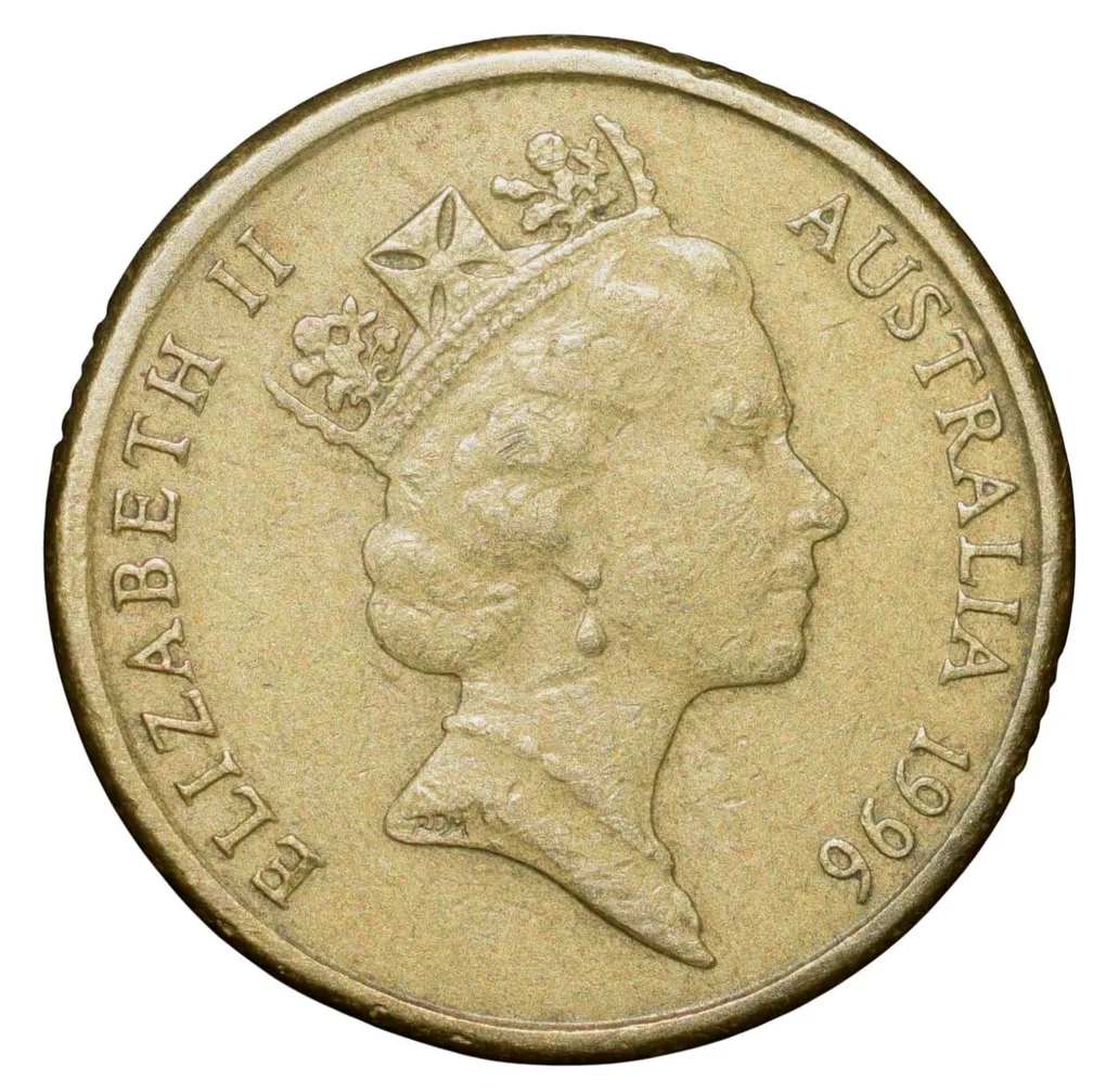 Brass 2 Dollar of Elizabeth II (AD 1996) from Australia with 1/2 length figure of Aboriginal man